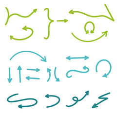 Arrows Set. Hand Drawn Arrow Collection Vector Illustration. Modern hand-drawn arrows in green blue colors isolated on white background. Up down circle swirl left right zigzag. Light abstract element