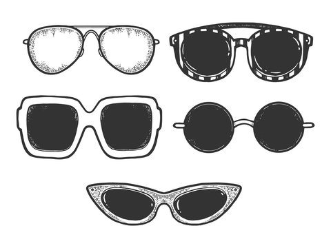 Sunglasses fashion set sketch engraving vector illustration. Scratch board style imitation. Black and white hand drawn image.