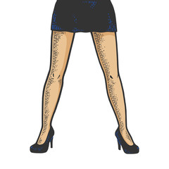 Young woman legs in short sexy mini skirt color sketch engraving vector illustration. Scratch board style imitation. Black and white hand drawn image.