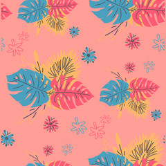 Tropical seamless pattern with green and beige leaves. design. Flat jungle print.