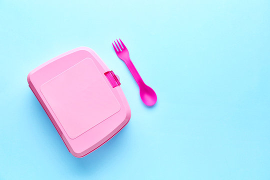 Plastic Lunch Box On Color Background