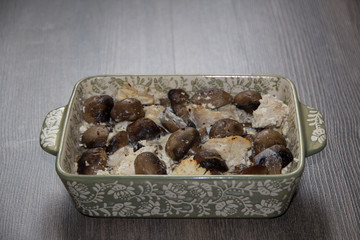 Chicken stewed in the oven with mushrooms