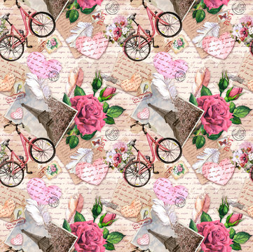Hand written text, notes, hearts, bicycle with flowers in basket, vintage photo of Eiffel Tower, rose flowers, postal stamps, feathers, old paper texture. Seamless pattern about love, France, Paris