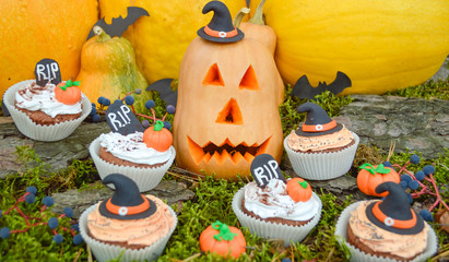 Happy Halloween Cupcakes.Halloween cookies.Composition for Halloween with sweets..Pumpkin, ghost, spider, gloom, moss, party, birthday