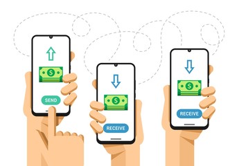 Smartphone mockup in human hand. Send and receive money. Finance transaction operation. Vector flat colorful technology illustration