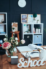 Artist workplace ready for pastel, drawing. Colorful pencils and crayons palette organized on the desktop