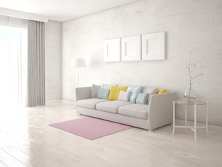  Mock up a stylish living room with a comfortable compact sofa and a bright hipster backdrop.
