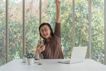 Elderly business asia woman glad with success in front of mobile, pen and laptop in nice office green