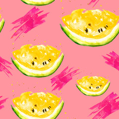 Seamless watercolor pattern with a piece  Watermelon, vintage bright drawing of a topical fruit. Juicy Watermelon. Watercolor seamless pattern. Abstract paint splash