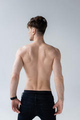 back view of shirtless muscular man in jeans isolated on grey
