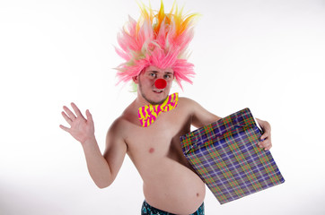 Bearded clown with a gift.