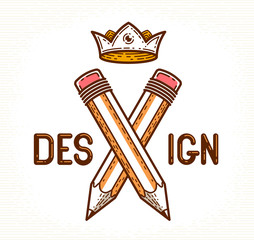 Two crossed pencils with wings and crown, vector simple trendy logo or icon for designer or studio, creative king, royal design, linear style.