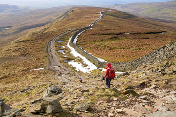 A hiker walking down from the summit of Whernside, part of the Three Peaks with Sand Beds Head Pike in the distance. The Yorkshire Dales, England.