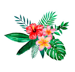 Fototapeta na wymiar Set of Watercolor hand painted tropical flowers, leaves and plants. Bright jungle exotic bouqoet perfect for summer wedding invitation and party card making