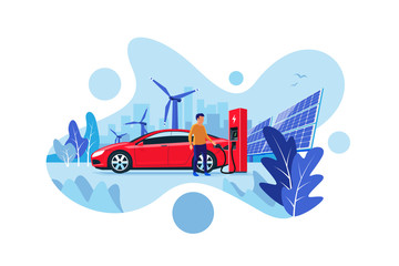 Modern flat vector illustration of a red electric car charging at the charger station with renewable energy fuel. Charge with solar panels and wind power generation. City skyline in the background.