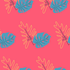 monstera leaves hand drawn seamless pattern. Tropical background.