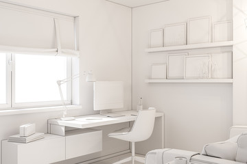Home office interior design concept in a private cottage. 3d illustration of the interior in white color