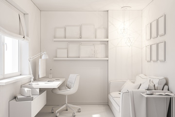 Fototapeta premium Home office interior design concept in a private cottage. 3d illustration of the interior in white color