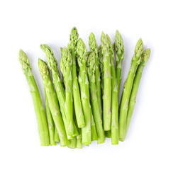 fresh asparagus isolated on white background. top view