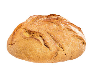 Round loaf of rye bread with a crispy crust on an isolated white background