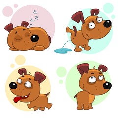 Set of children's illustrations of icons with dogs for design and kids. The dog sleeps with his eyes closed, lying, standing, walking, pissing.