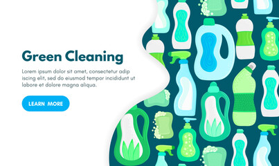 Vector background with eco friendly household cleaning supplies. Natural detergents. Landing page template. Products for house washing. Green home. Online store. Banner, mailing, advertising, label
