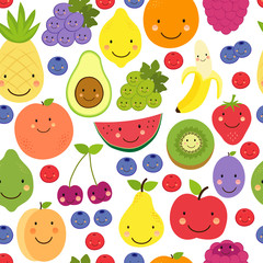 Cute Fruit Paradise seamless pattern background with various fruit characters