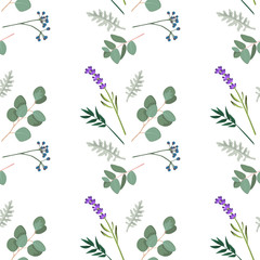 Seamless pattern with lavender, eucalyptus, greenery. Vintage floral background. Vector illustration