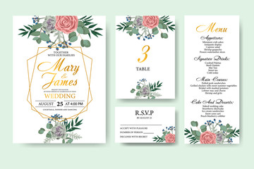 Wedding floral invitation card save the date design with green leaf herbs eucalyptus, rose, succulent and golden frame. Botanical elegant decorative vector template