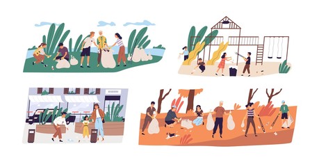 Collection of scenes with people or ecologists collecting garbage in forest, on street and playground. Altruistic activity, environmental protection. Flat cartoon colorful vector illustration.