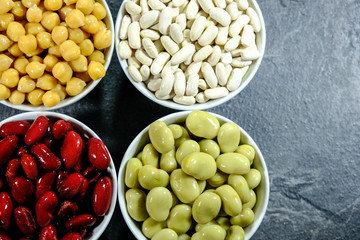 Selection of Healthy Beans, Chickpeas, Red Kidney Beans, Broad Beans and Cannellini Beans