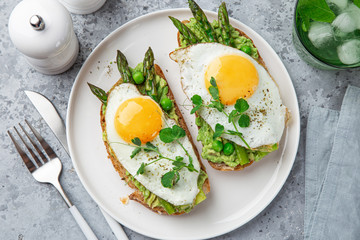 toasts with avocado, asparagus and fried egg on white plate