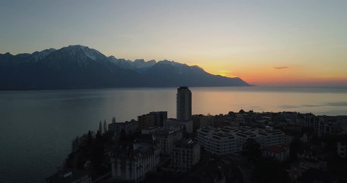 Drone shot of montreux during sunset