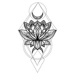 Filigree lotus flower, vector handdrawn illustration on secred geometry sign