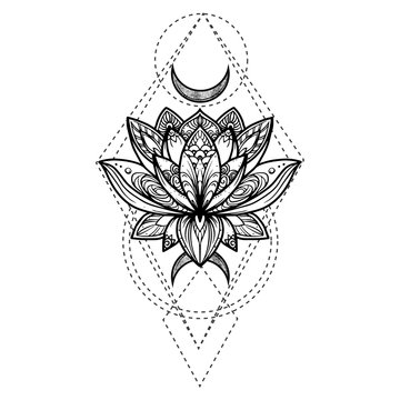 Filigree lotus flower, vector handdrawn illustration on secred geometry sign