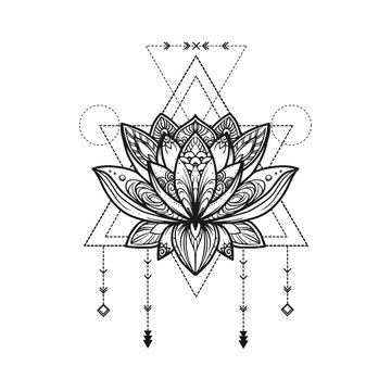 Filigree lotus flower, vector handdrawn illustration on secred geometry sign