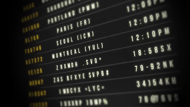 Airport Departure Board Loop/ 4k animation of an airport departure board with flight, destination, time and decoding text seamless looping