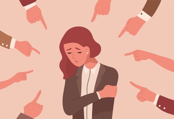 Unhappy young woman surrounded by hands with index fingers pointing at her. Concept of victim blaming, public disapproval, humiliation, abjection, guilt. Flat cartoon colorful vector illustration.