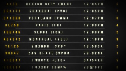 Airport Departure Board Loop/ 4k animation of an airport departure board with flight, destination, time and decoding text seamless looping