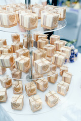 Elegant wedding still life. Festive sweet treats for guests, cupcakes and desserts with pistachio cream and meringue