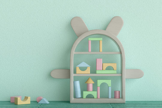 3d rendering of an animal shaped shelf with arms and ears and pastel coloured building blocks in nursery