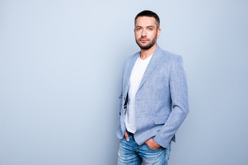 Fototapeta premium Close up photo amazing he him his guy macho reliable person hands arms pockets pants trousers serenity calm peaceful kind wear jeans denim formal-wear jacket blazer isolated grey background