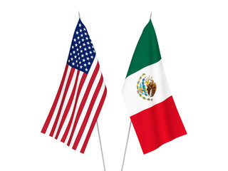 National fabric flags of America and Mexico isolated on white background. 3d rendering illustration.