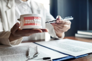medical dentist with teeth model in detail clinic.