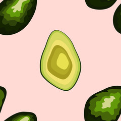 Avocado seamless pattern on background. Whole and cut avocado