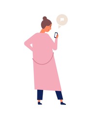 Cute young woman or teenager chatting or texting on smartphone or electronic gadget. Girl surfing internet on mobile phone. Online communication, instant messaging. Flat cartoon vector illustration.