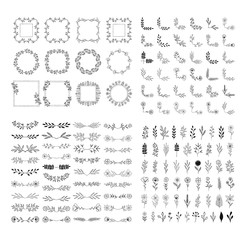Set of hand drawn frames, dividers, wreaths, herbs, leaves, corners. Vector isolated illustration. Wedding design elements.