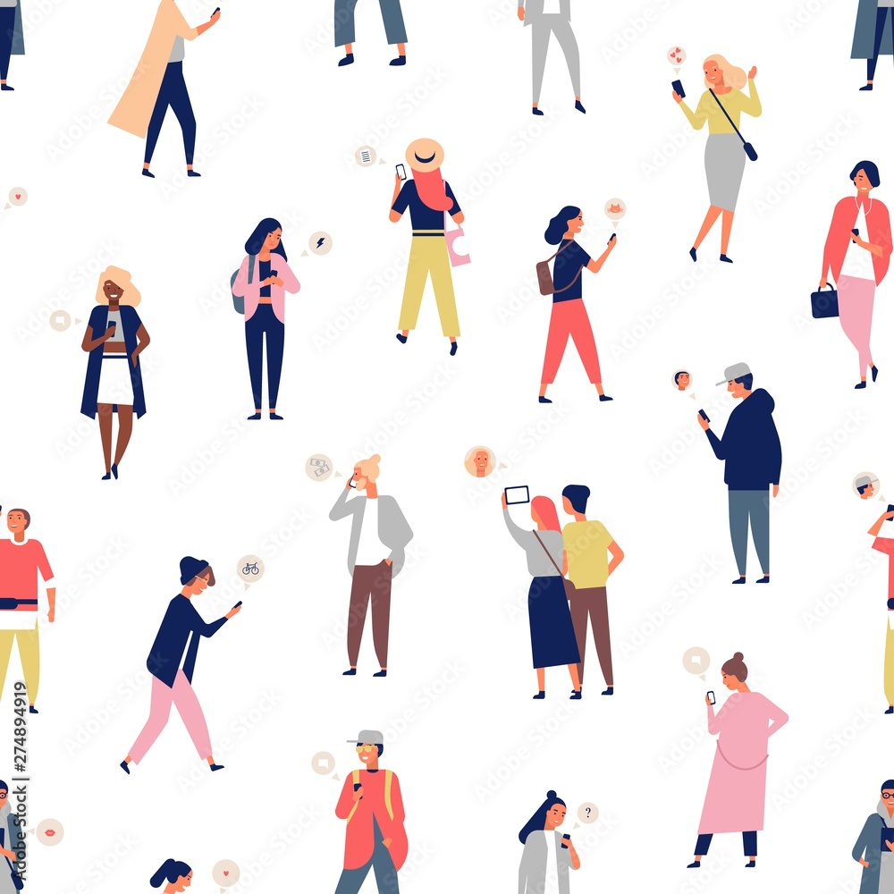 Poster seamless pattern with crowd of people using smartphones or mobile phones with messengers. backdrop w