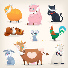 Set of popular colorful vector farm animals and birds with ill teeth. Posters for the dentists clinic