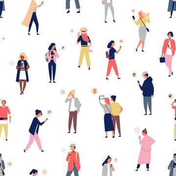 Seamless pattern with crowd of people using smartphones or mobile phones with messengers. Backdrop with young men and women sending and receiving digital messages. Flat cartoon vector illustration.